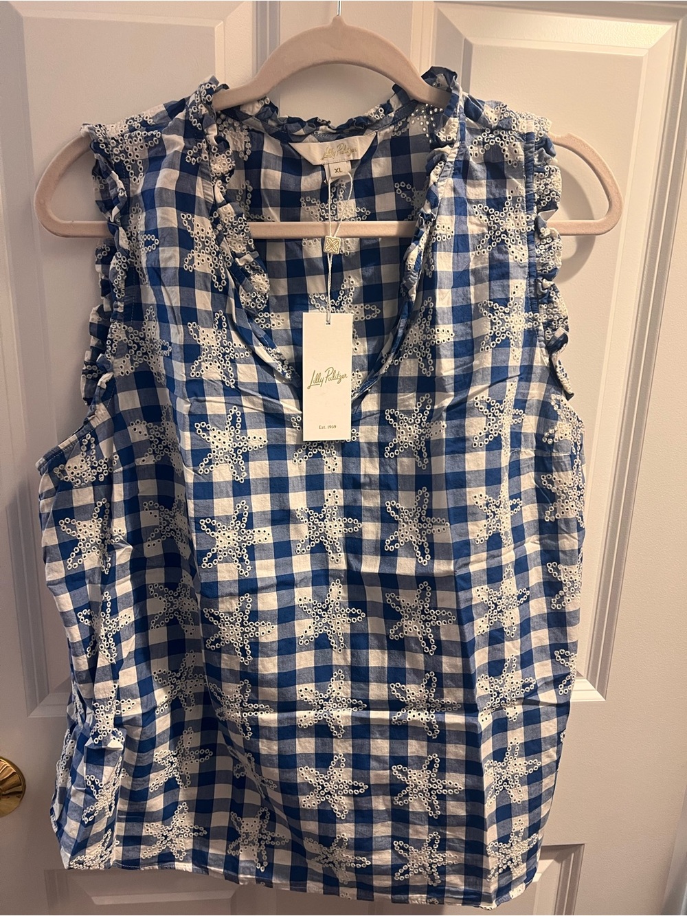 Lilly Pulitzer Kavalaa Gingham Star Eyelet Sleeveless Top